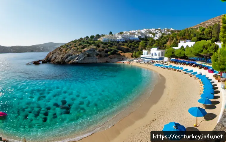 Home 17 튀르키예 에게해 해변 여행지 - Photorealistic panoramic view of a turquoise Aegean beach in Bodrum, Türkiye, whitewashed hillside h...