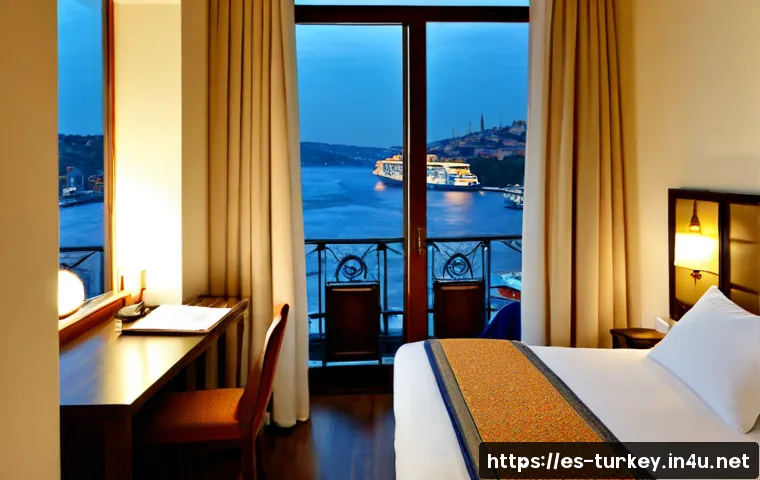 튀르키예 주요 도시별 숙소 리뷰 - Photorealistic Istanbul boutique hotel room with a panoramic Bosphorus view, elegant Turkish textile...