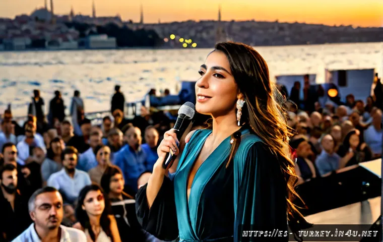 Home 17 튀르키예에서의 대중 가수들 - Photorealistic Turkish pop singer performing on an open-air Istanbul waterfront stage at sunset, sty...